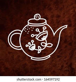 Hand drawn vector teapot with flowers. Design element on textured paper. White teapot symbol. Grunge design element.