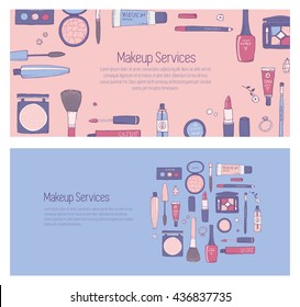 Hand drawn vector template for banner for web page with makeup and other cosmetics products. Lipstick, mascara, shadows, make-up brushes. Fashion or beauty background. Imitation of letters