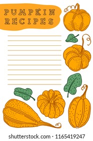 Hand drawn vector template for cooking book, lined paper for pumpkin recipes. Autumn mood cute doodle illustration.