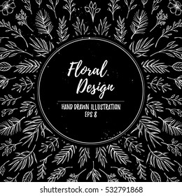 Hand drawn vector template with floral design elements (leaf,, holly, branches, berry, flower, twigs). Perfect for invitations, greeting cards, posters, prints