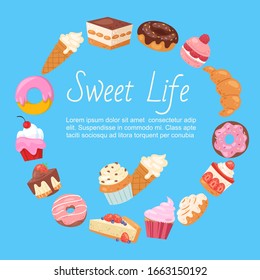 Hand drawn vector template of menu with desserts, sweets and bakery products. Design with cake, cupcake, donuts, icecream and muffins, croissant for caf poster.