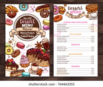 Hand drawn vector template of menu with desserts, sweets and bakery products. Design with sketch cake, cupcake, donuts, macaroons, muffins, waffle, croissant for café