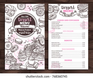 Hand drawn vector template of menu with desserts, sweets and bakery products. Design with monochrome sketch cake, cupcake, donuts, macaroons, muffins, waffle, croissant for café