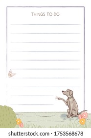 Hand drawn vector template for a notepad with an outdoor spring, summer theme. Dog chasing butterflies on a lawn. Fits 5x7 format.