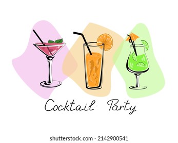 Hand drawn vector template with set of colorful cocktails for restaurant, bar. Poster for cocktail party