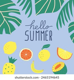 Hand drawn vector template, set of ftuits with lettering Hello summer,  palm leaves, handwritten calligraphy design, poster, banner