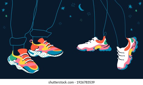 Hand drawn vector tendy illustration of two people facing each other in bright colors sneakers on night starry background. Line drawing legs and pants