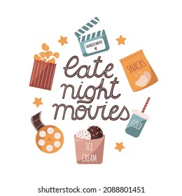 Hand drawn vector text lettering - Late night movies, decorated with stars and cinema or movie icons in cartoon doodle style. Concept of watching movies at home till late night