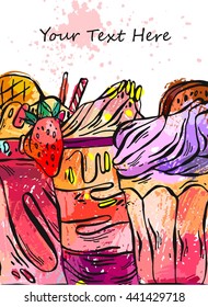 Hand drawn vector textured card of milkshake.Design for kids menu,birthday,sweet shop,milkshake cafe,sweet store.Fruit smoothie desert.