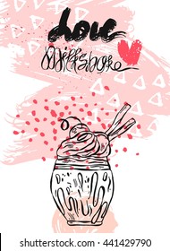 Hand drawn vector textured card of milkshake.Design for kids menu,birthday,sweet shop,milkshake cafe,sweet store.Health Organic fruit shake smoothie
