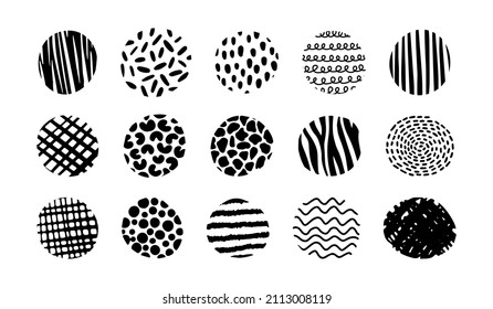 Hand drawn vector textured circles set. Minimal ink scribble spots, black organic pattern doodle shapes. Nature print stains highlights backgrounds. Abstract art design elements for social media, web