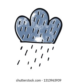 Hand Drawn Vector Textured Cloud with Rain. Doodle Weather Icon. Textile and Fashion Print Design. Vector Illustration.