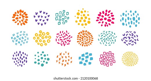 Hand drawn vector textured color circles set. Minimal ink scribble spots, black organic pattern doodle shapes. Nature print stains highlights backgrounds. Cute abstract textures design elements.