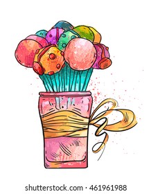 Hand drawn vector textured colorful illustration of cake pops isolated on white background.Bright colors.