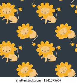 Hand drawn vector textured illustration seamless pattern of a cute kawaii cartoon funny lion. For children print.