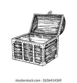 hand drawn vector textured wooden empty chest with lid open, box for treasure at bottom of sea, pirate loot, black and white sketch, adventure, history monochrome illustration for fantasy picture, par