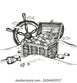 hand drawn vector textured wooden full treasure chest, coins, gold, jewels at bottom of sea, pirate loot, fishes, steering wheel, black and white sketch, adventure, history monochrome illustration