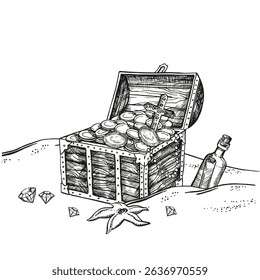 hand drawn vector textured wooden full treasure chest with coins, gold, jewels at bottom of sea, pirate loot, bottle with letter, starfish, black and white sketch, adventure monochrome illustration