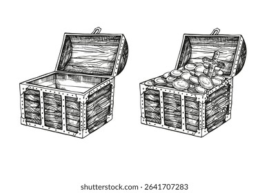hand drawn vector textured wooden full and empty treasure chest with lid open, coins, gold, jewels, pirate loot, black and white sketch, adventure, history monochrome illustration for party decoration