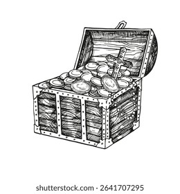 hand drawn vector textured wooden full treasure chest with lid open, coins, gold, jewels, pirate loot, black and white sketch, adventure, history monochrome illustration for party decoration