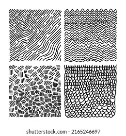 Hand drawn vector textures with different shapes. Abstract vector backgrounds with dots, lines, stripes, and strokes in black and white.