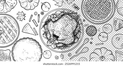 Hand drawn vector Thanksgiving line art. Outline only on transparent background of top view food assets such as turkey, pumpkins, apples, pies, pie slices, condiments, nuts. 