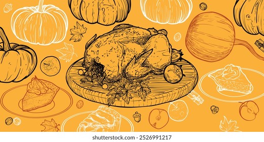 Vetor desenhado à mão Thanksgiving line art. Contorno apenas no fundo amarelo de ativos de alimentos de visão lateral, como peru, abóboras, maçãs, fatias de torta, condimentos, nozes. 