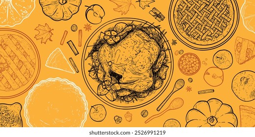 Hand drawn vector Thanksgiving line art. Outline only on yellow background of top view food assets such as turkey, pumpkins, apples, pies, pie slices, condiments, nuts. 