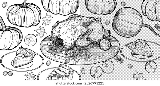 Hand drawn vector Thanksgiving line art. Outline only on transparent background of side view food assets such as turkey, pumpkins, apples, pie slices, condiments, nuts. 