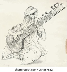 An hand drawn vector. Theme: Music and Musicians. TANPURA PLAYER - An Indian man plays the Tanpuri. An hand drawn converted vector. Editable in layers and groups. The colored background is isolated.