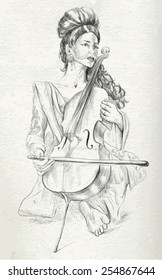 Hand drawn vector. Theme: Music and Musicians. VIOLONCELLO PLAYER. Pretty woman tenderly plays the cello. Hand drawn converted vector. Editable in layers and groups. The colored background is isolated