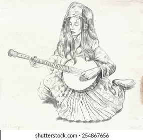 Hand drawn vector. Theme: Music and Musicians. BANJO PLAYER. An pretty woman tenderly plays the banjo. Hand drawn converted vector. Editable in layers and groups. The colored background is isolated.
