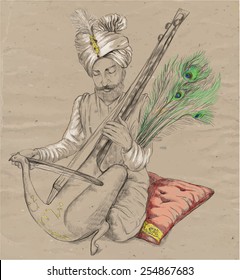 An hand drawn vector. Theme: Music and Musicians. TAUS PLAYER - An Indian Raja plays the Taus. An hand drawn converted vector. Editable in layers and groups. The colored background is isolated.