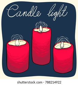 Hand drawn vector three red burning candles isolated on dark blue background