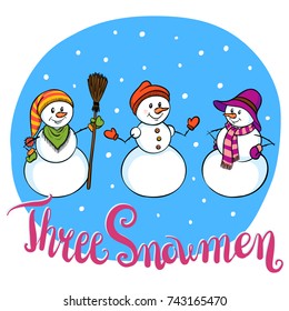 Hand drawn vector three snowmen greeting card