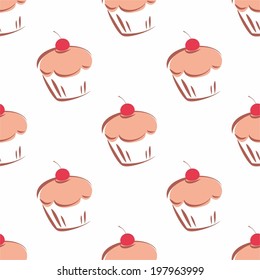 Hand drawn vector tile cherry cupcake pattern on white background