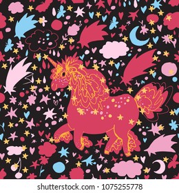 Hand drawn vector tile pattern of cute unicorn surrounded by stars, moon, clouds, flower, butterfly, sweets. Isolated on white. Simple sweet kids nursery illustration. Graphic design for apparel.