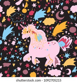 Hand drawn vector tile pattern of cute unicorn surrounded by stars, moon, clouds, flower, butterfly, sweets. Isolated on white. Simple sweet kids nursery illustration. Graphic design for apparel.