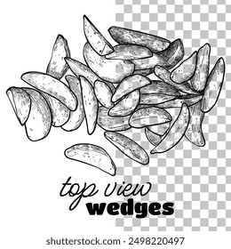 Hand drawn vector top view wedges. Tasty yellow orange crispy wedges with black outline, no fill, and fine details. The middle wedges are merged. This asset is ready to use and easy to edit. 