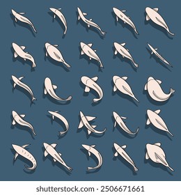 hand drawn vector top view of fish swimming isolated on blue background.