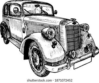 Hand drawn vector tracing vintage retro car, doodle sketch graphics monochrome illustration on white background