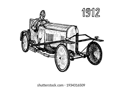 Hand drawn vector tracing vintage retro racing car, doodle sketch graphics monochrome illustration on white background