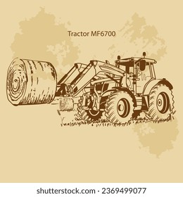 dibujado a mano, vector, Tractor, MF6700, agricultura, aldea, cultivo, campo, ilustración, trigo