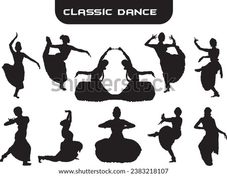 Hand Drawn Vector Traditional Asian Classic Dance Bharatayam of India Simple Silhouette Icon, Symbol pose isolated background