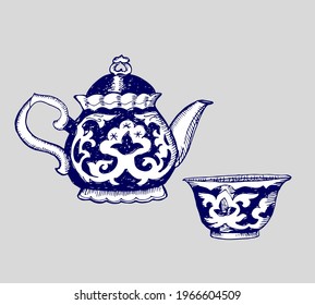 Hand drawn vector traditional authentic uzbek teapot and teacup (piala). Uzbekistan, Central Asia.