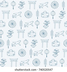 Hand drawn vector travel to asia seamless pattern containing oriental contours: umbrellas, planes, suit cases, coins, lanterns, bonsai and torii gates. 