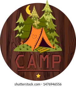 Hand drawn vector travel badge and logo with pine trees, tent and moon on the tree texture background. Includes lettering "camp".