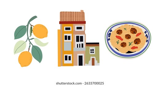 Hand drawn vector travel and food illustration. Vintage buildings of different cities. Traditional food, symbols of Paris, Barcelona, Sicily. European cities cartoon retro stickers