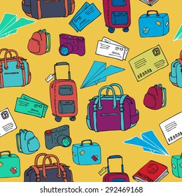 hand drawn vector travel seamless pattern with paper plane and luggage