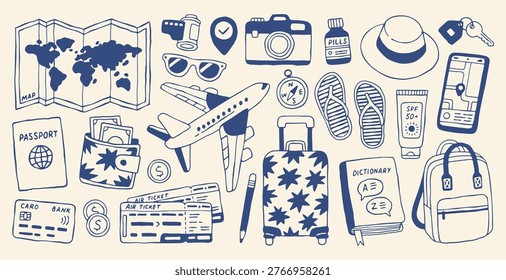 Hand drawn vector travel set in Mediterranean style. Blue minimalist doodles of plane map passport suitcase camera and vacation essentials. Perfect for summer holiday designs and tourism assets